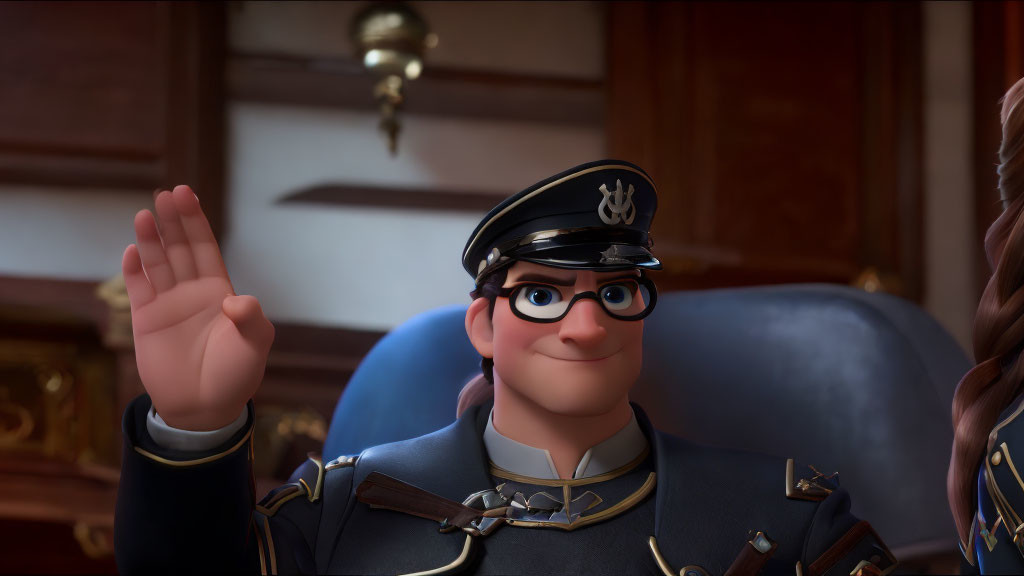 Smiling animated character in naval officer's uniform saluting in elegant room