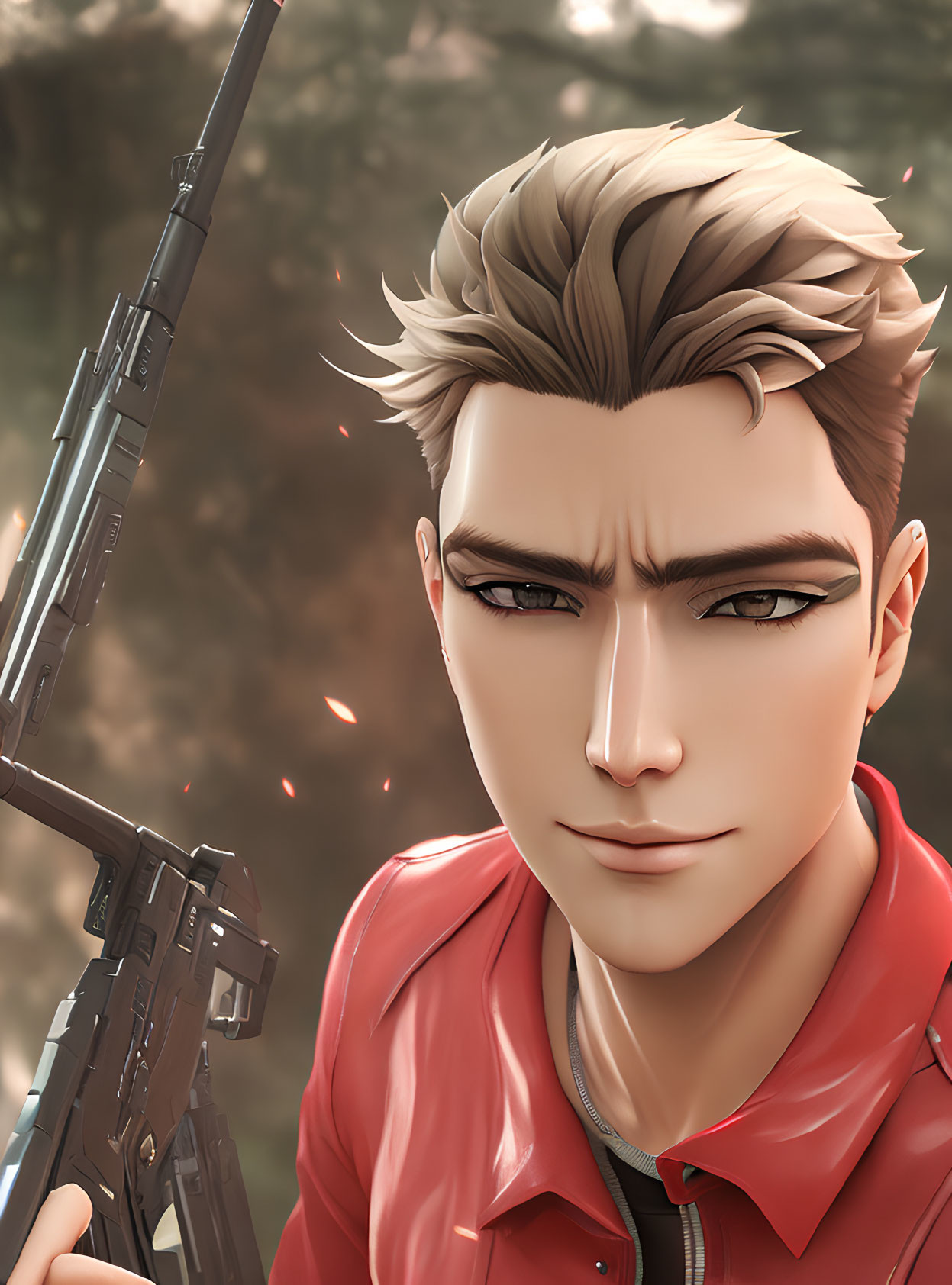 Spiky Blond-Haired Animated Character with Rifle in Red Jacket