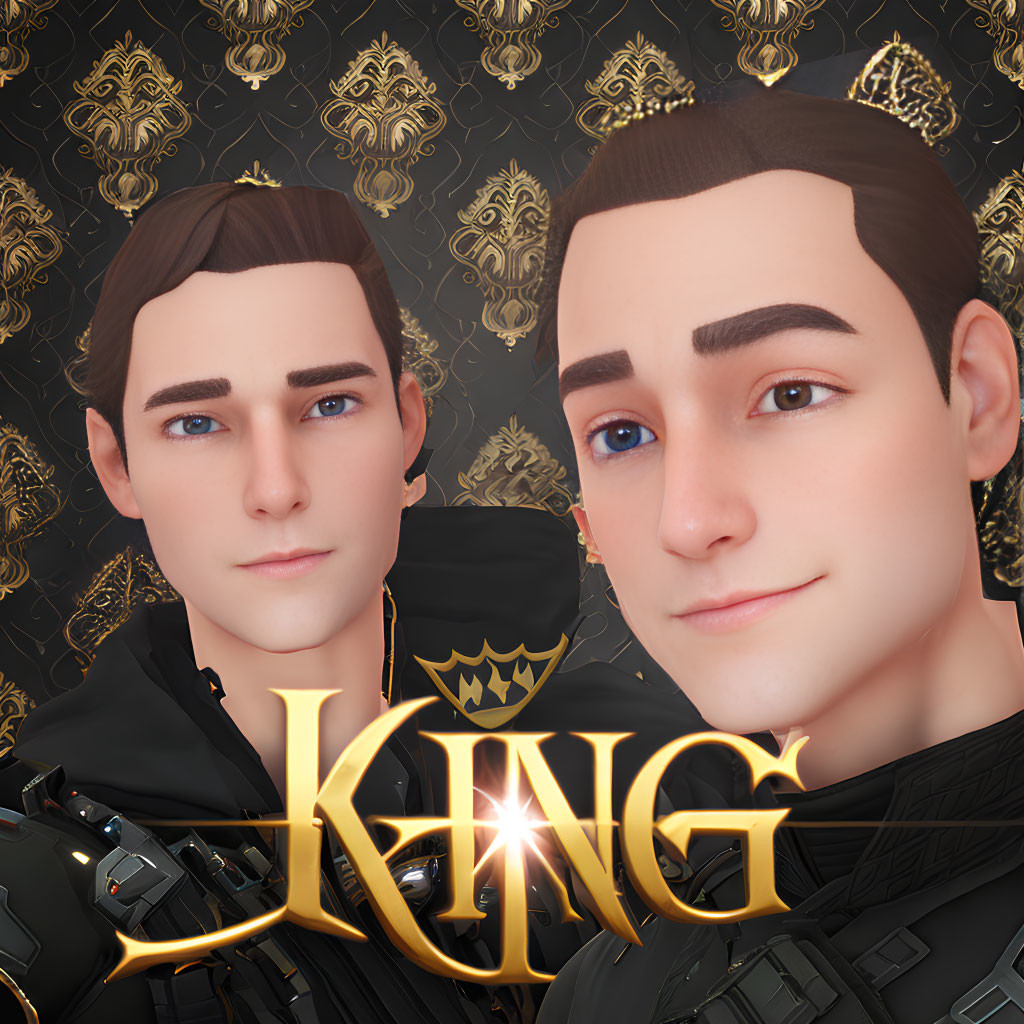 Stylized male characters with crown motif and "KING" text on gold and black background