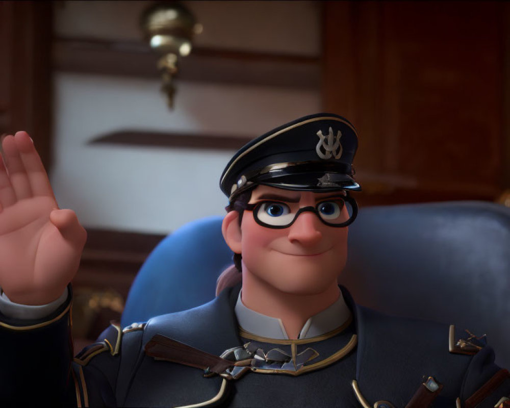 Smiling animated character in naval officer's uniform saluting in elegant room