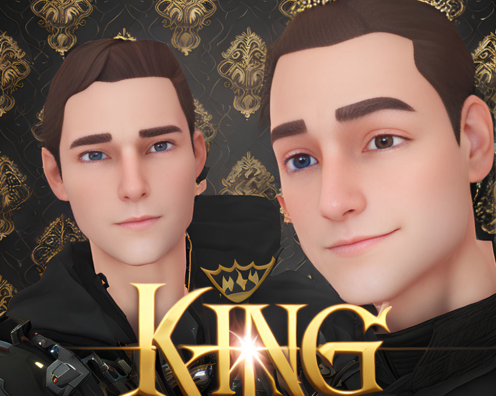 Stylized male characters with crown motif and "KING" text on gold and black background