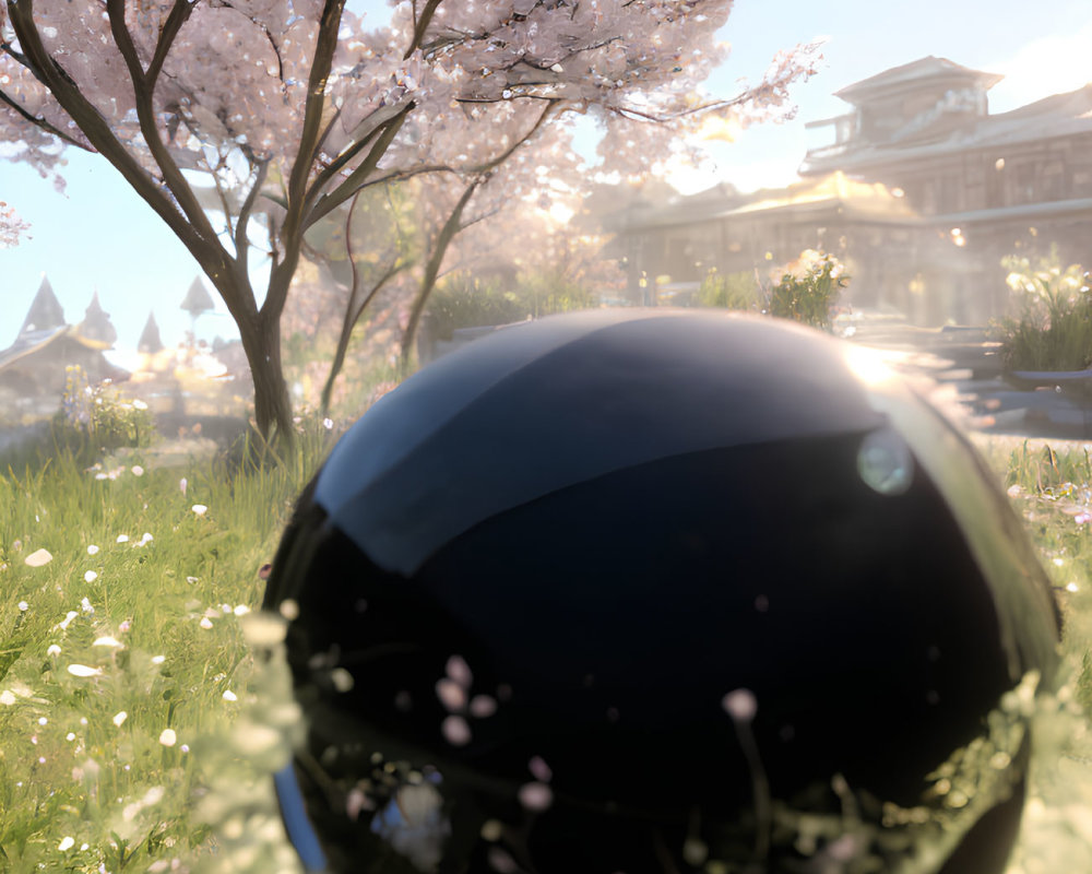 Reflective black sphere on grass with cherry blossoms and Asian building in background