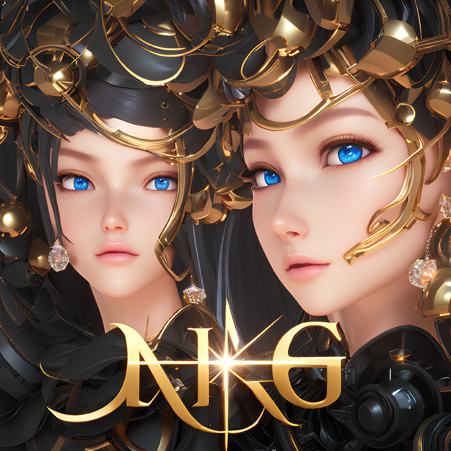 Symmetric Female Faces with Gold Headpieces and Blue Eyes on Luminous Background