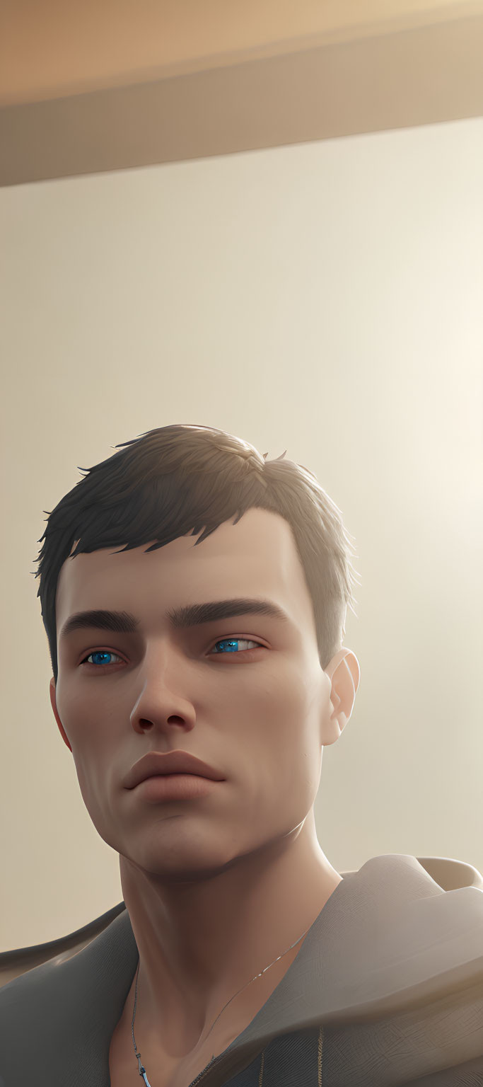 Male character digital artwork: Blue-eyed, dark-haired, gazing upwards