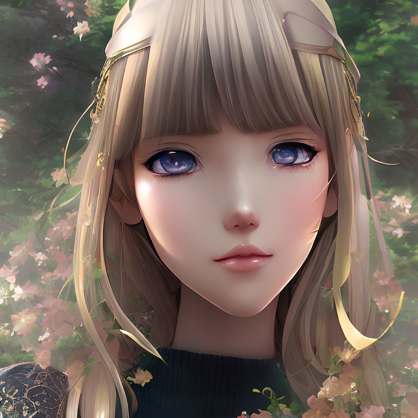 Blonde Girl with Blue Eyes Surrounded by Pink Blossoms