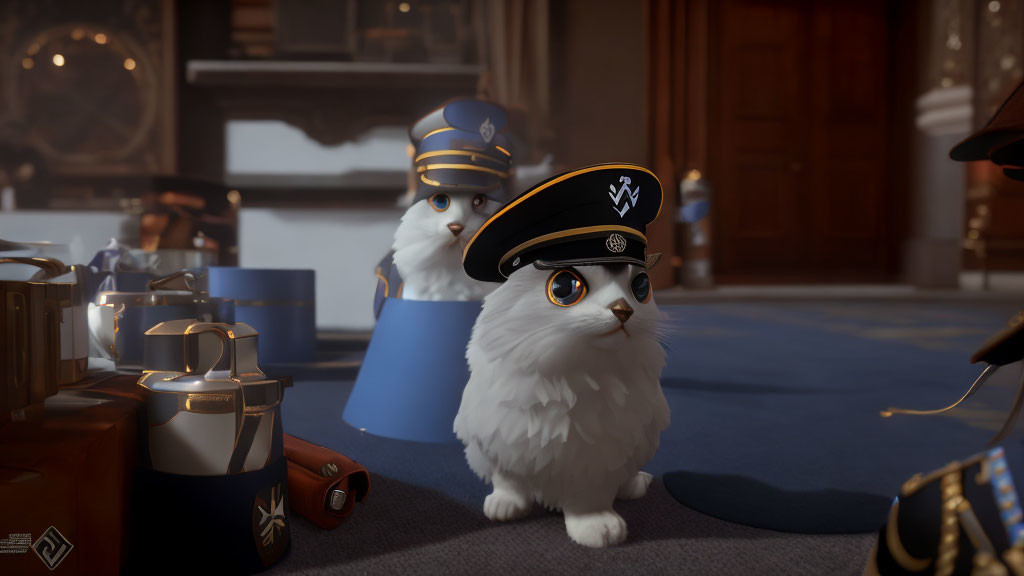 Military-Style Uniform Cats in Elegant Room