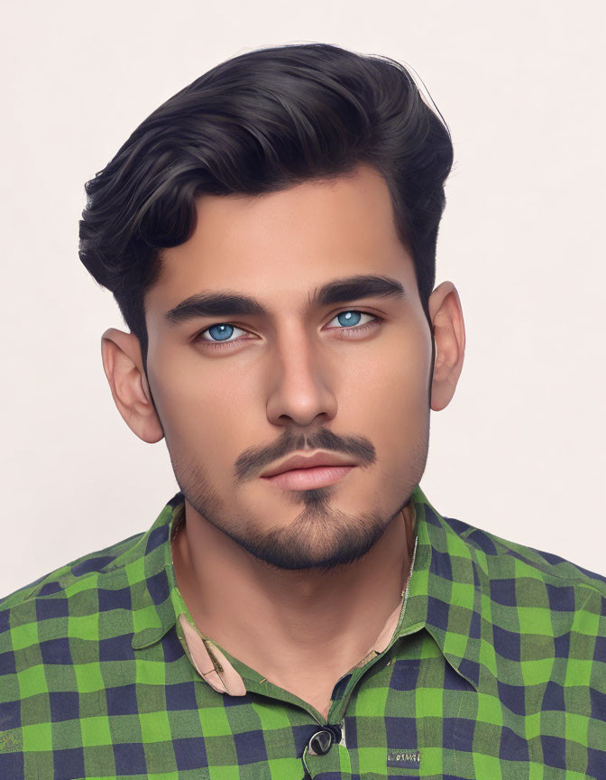 Man with Blue Eyes and Dark Hair in Green Checkered Shirt