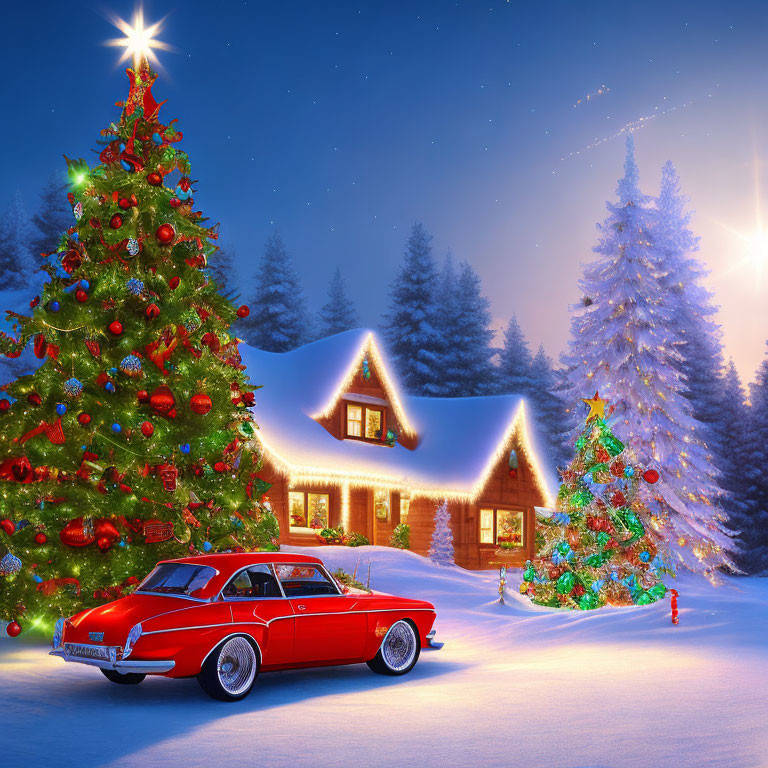 Festively decorated Christmas tree by snow-covered house and red car