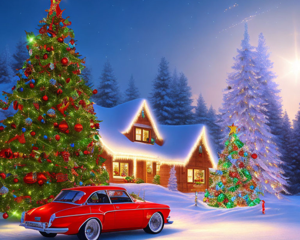 Festively decorated Christmas tree by snow-covered house and red car