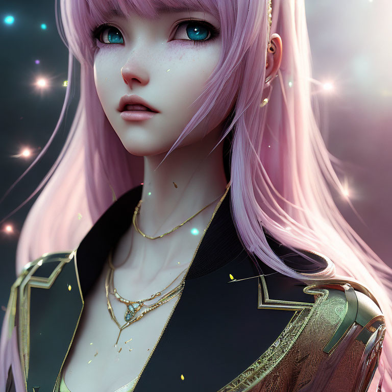 Digital art portrait of female character with pink hair, green eyes, and sparkling effects, in black and