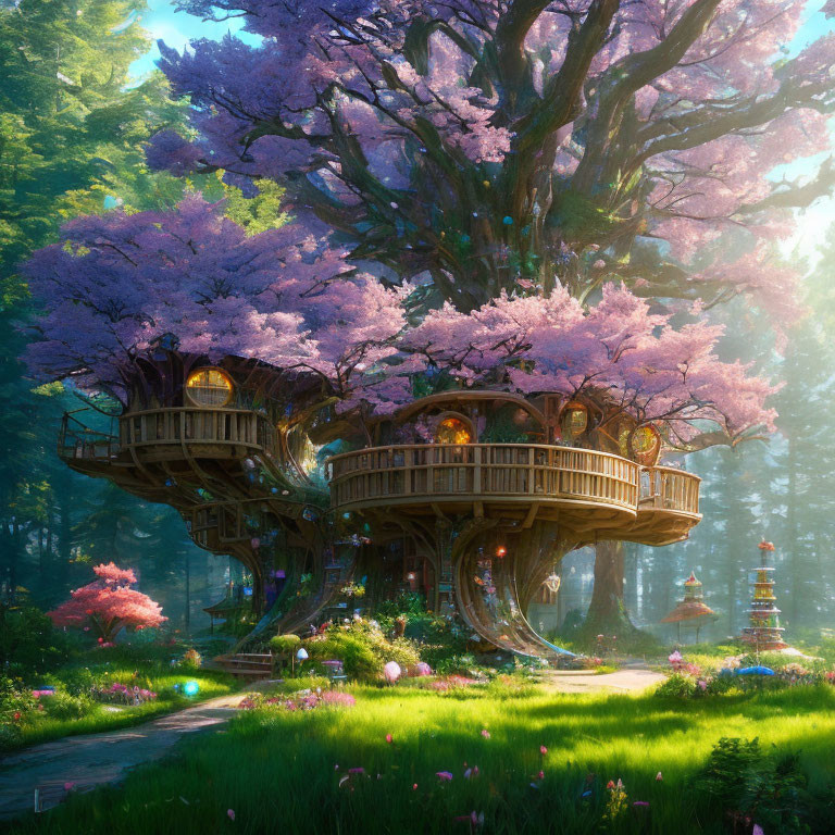 Cherry Blossom Treehouse in Fairy-Tale Forest Glade