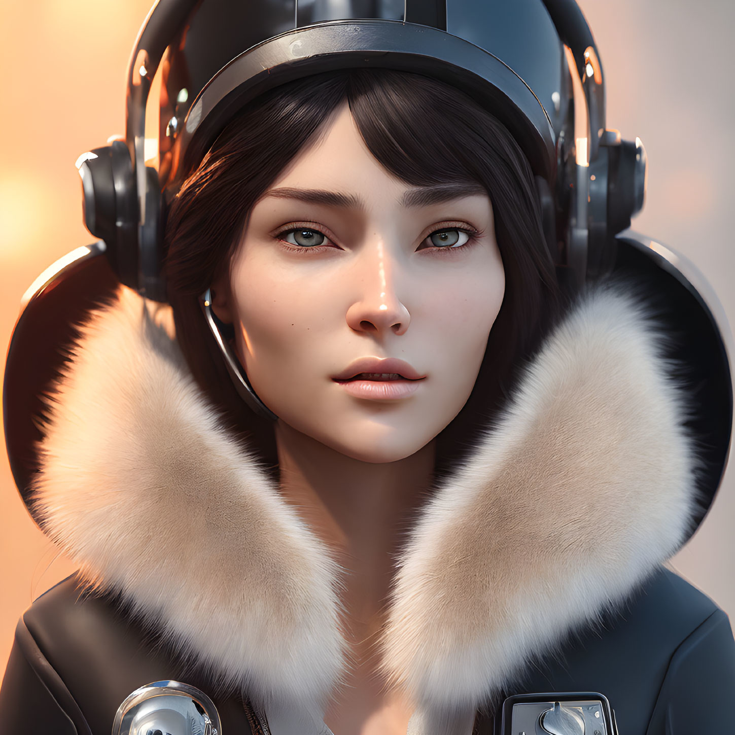 Realistic digital art portrait of female character with headset and furry ear pads