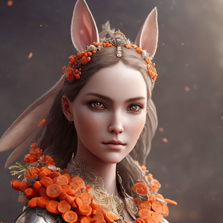 Digital portrait of a woman with rabbit ears, orange flowers, jewels, soft gaze, and textured outfit