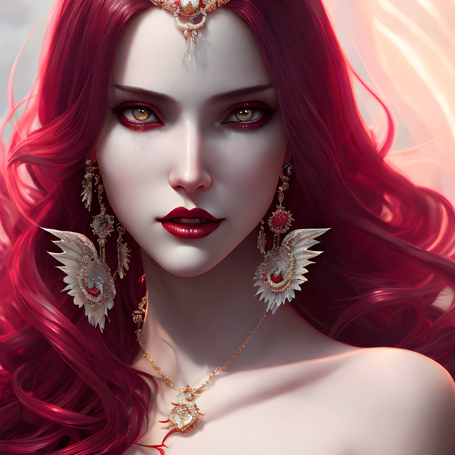 Digital artwork featuring woman with vibrant red hair and gold jewelry