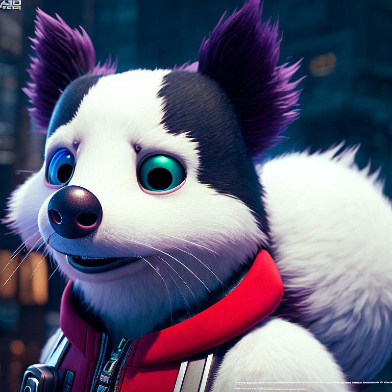 Close-up 3D-animated border collie with black and white fur and teal eyes against city