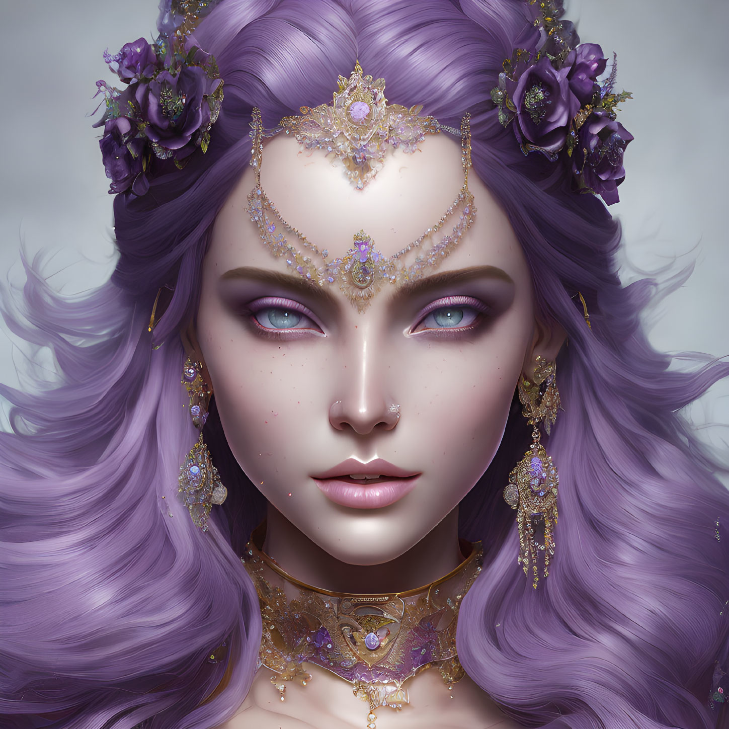 Fantasy character illustration with violet hair and gold jewelry