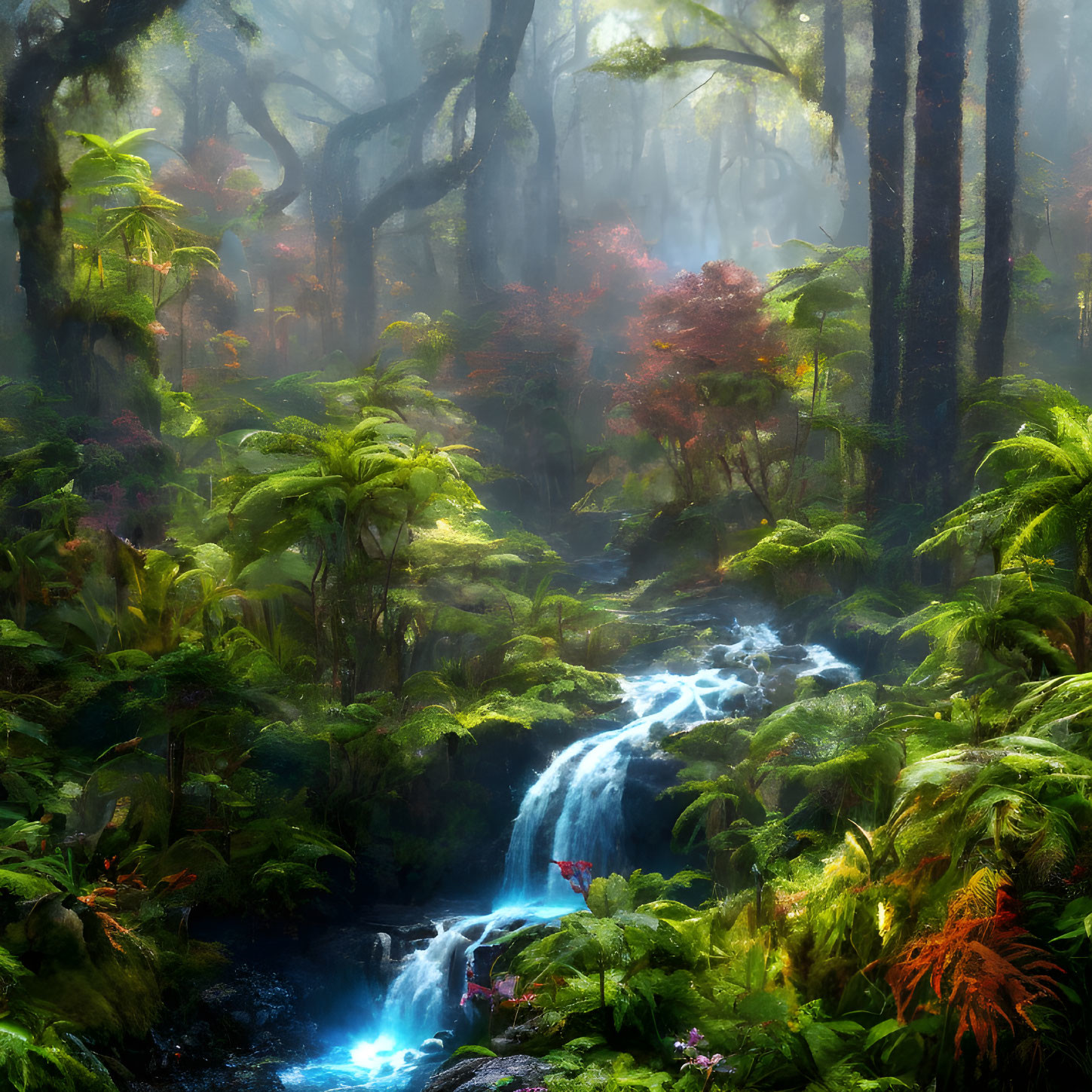 Misty forest with waterfall, green ferns, sunlight, and red foliage