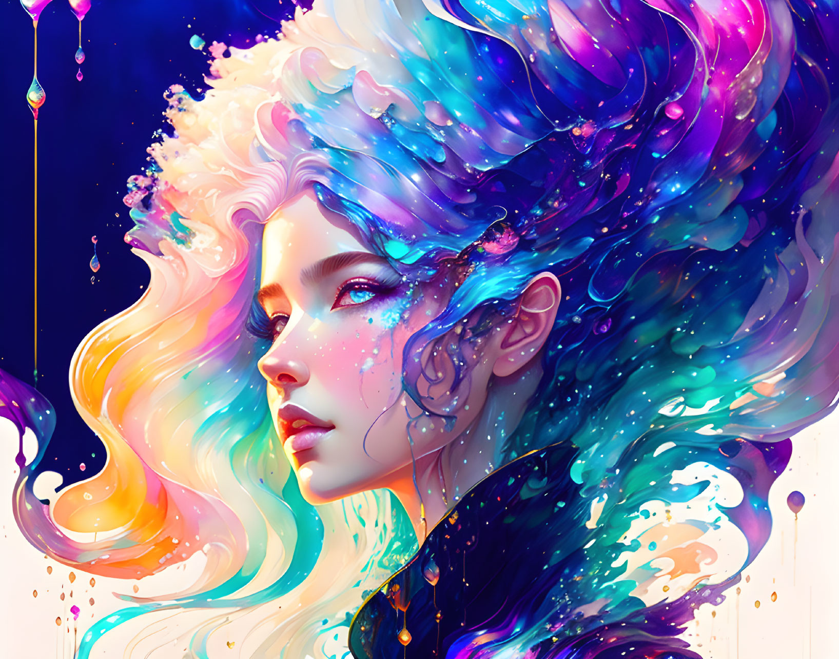 Colorful digital artwork: Woman with flowing, vibrant hair in abstract background