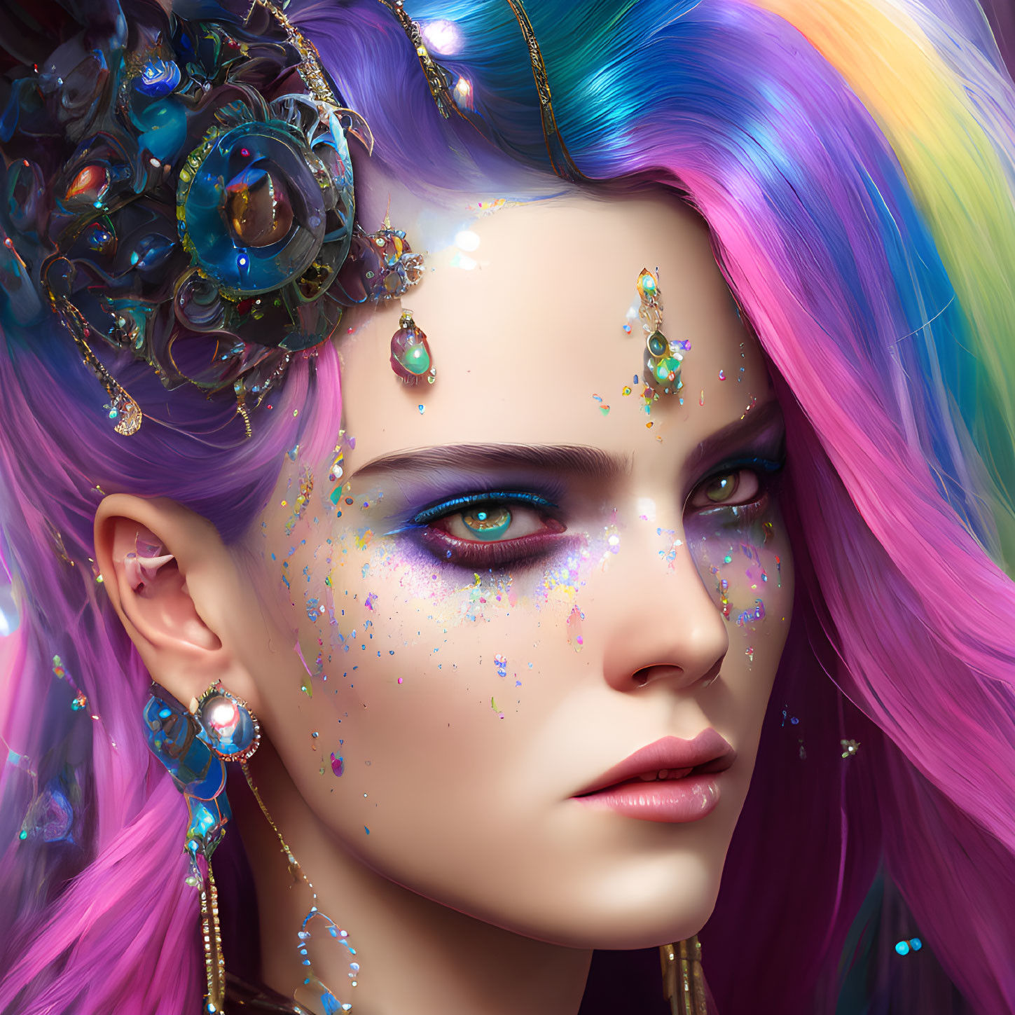 Multicolored hair woman with blue eyes and glitter makeup.