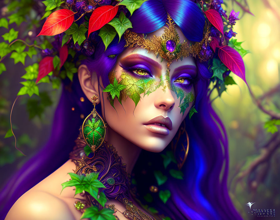 Vibrant purple-skinned woman with golden crown and leafy motifs