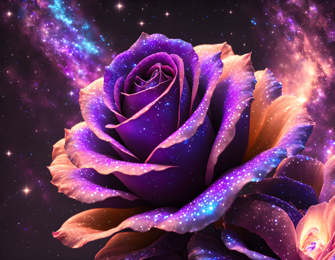 Cosmic-themed rose with galaxy pattern on petals in starry nebula background