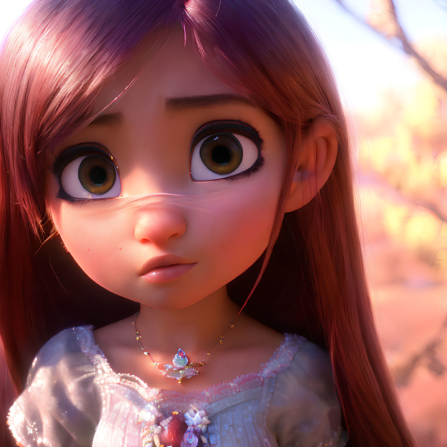 Detailed animated character with big green eyes and pinkish hair against autumnal backdrop