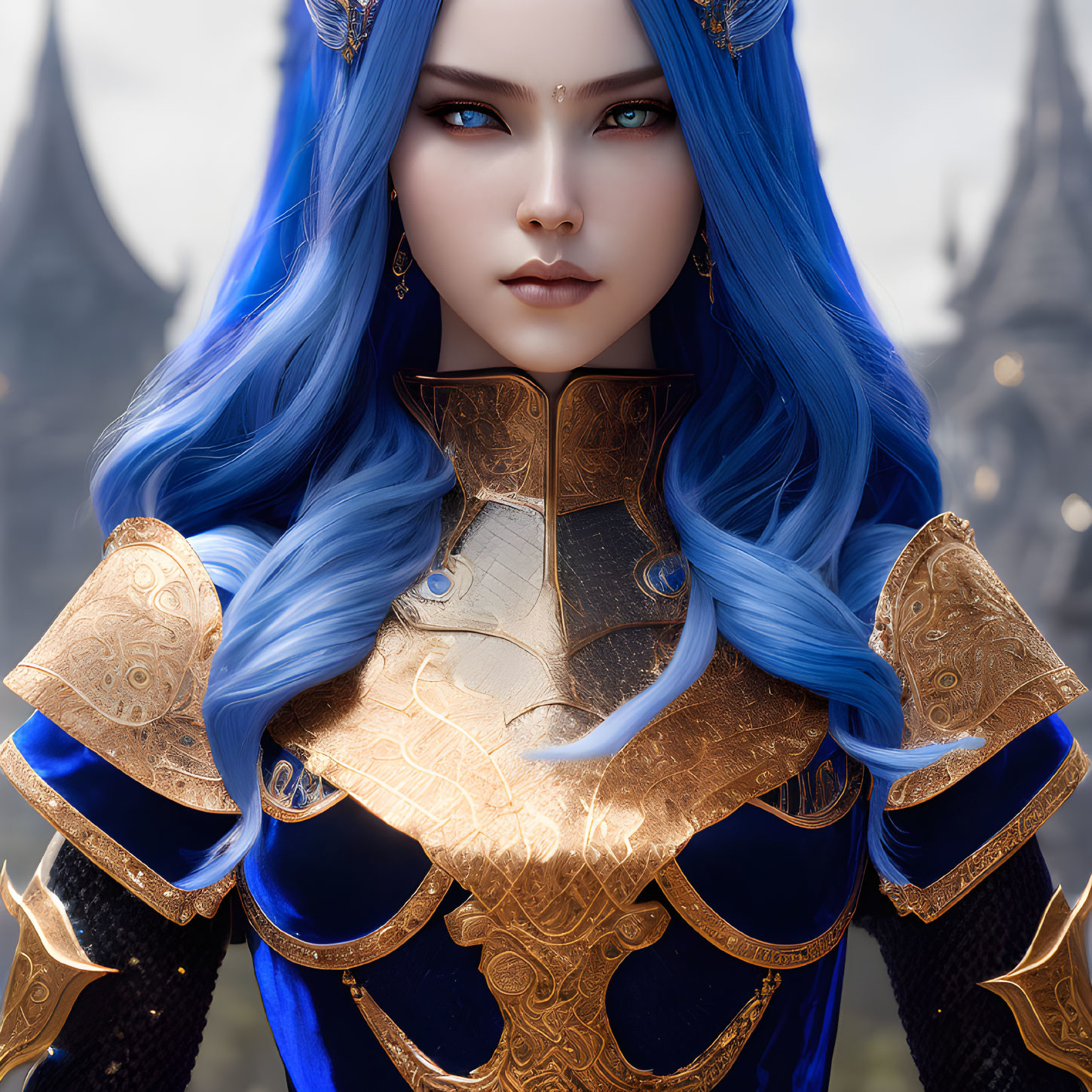 Fantasy Female Character with Blue Hair and Gold Armor in Mystical Setting