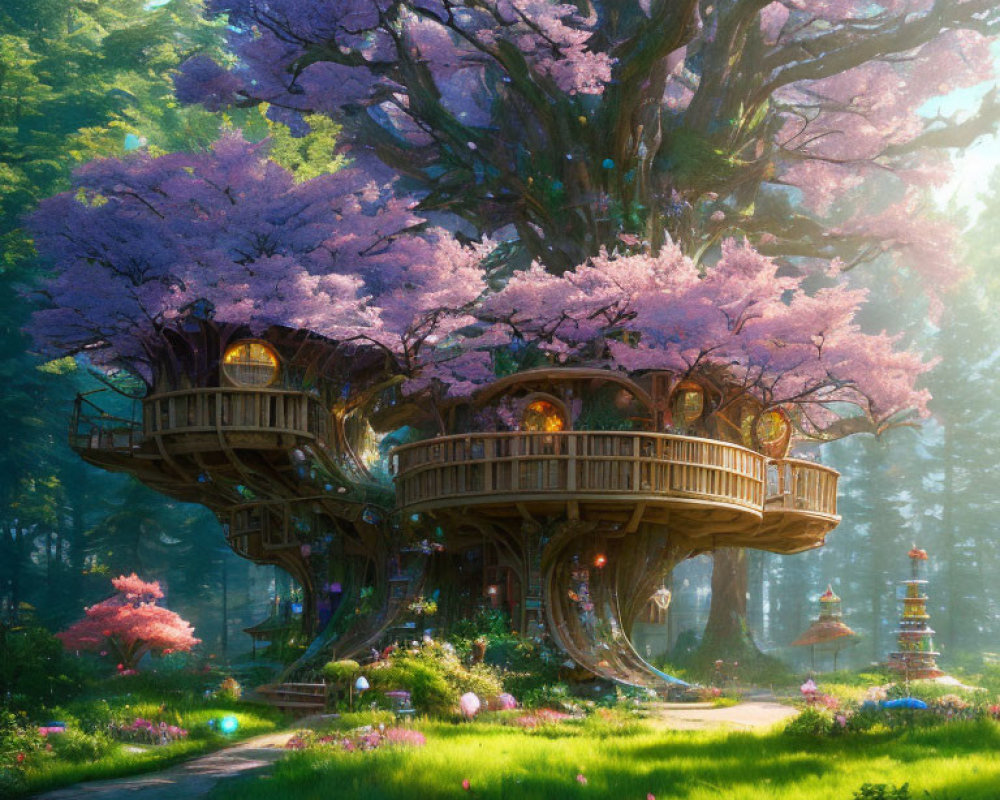 Cherry Blossom Treehouse in Fairy-Tale Forest Glade