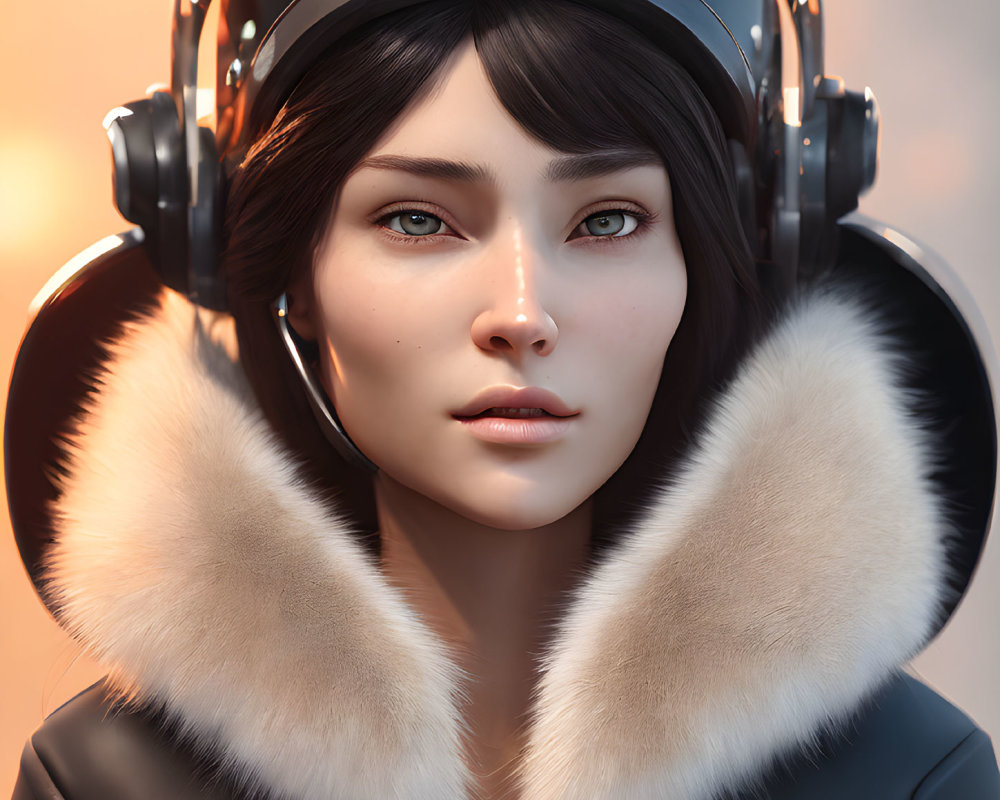 Realistic digital art portrait of female character with headset and furry ear pads