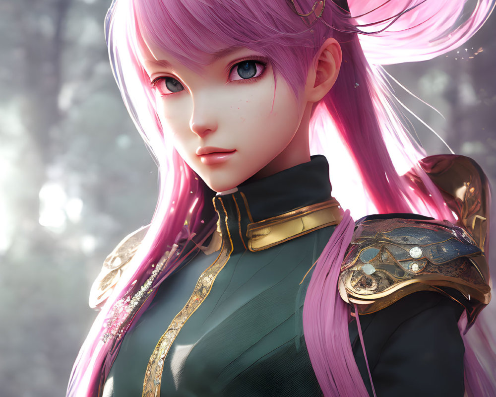 Fantasy-inspired digital art of female character with purple hair and embellished uniform