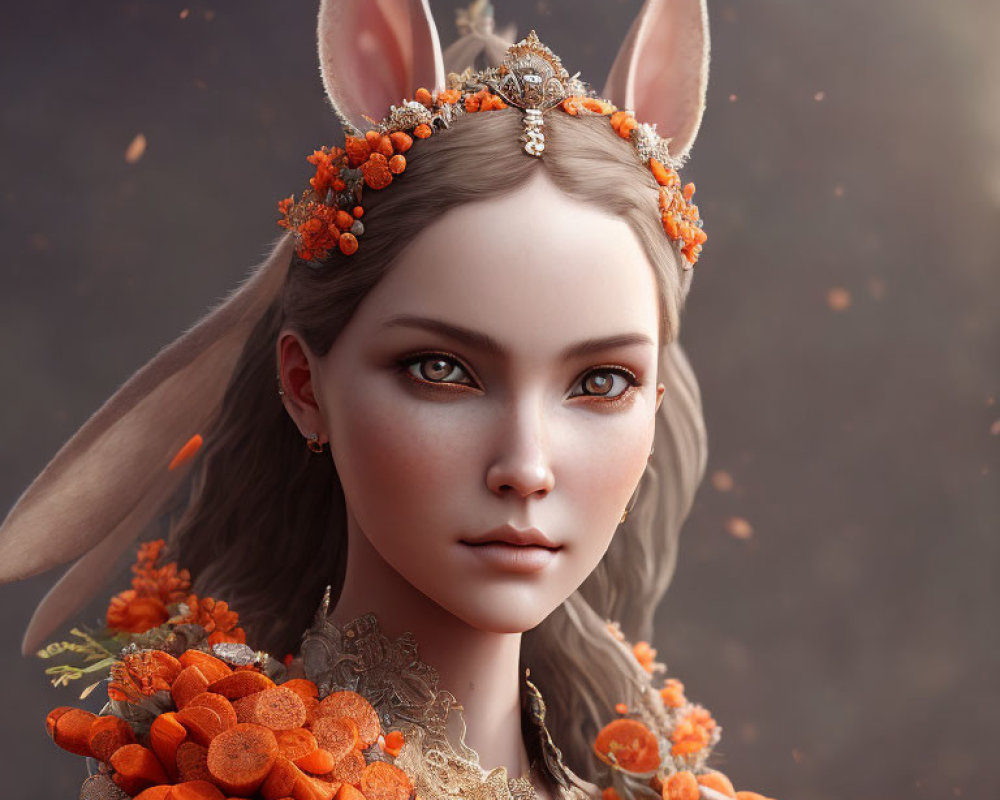 Digital portrait of a woman with rabbit ears, orange flowers, jewels, soft gaze, and textured outfit