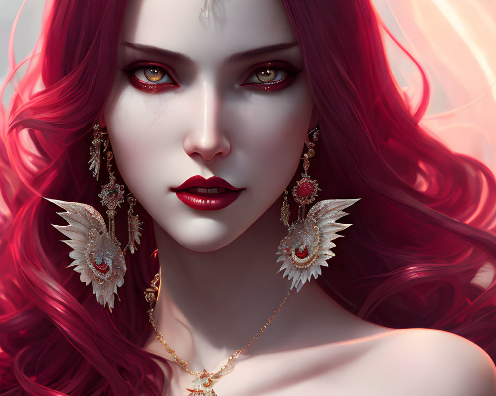 Digital artwork featuring woman with vibrant red hair and gold jewelry