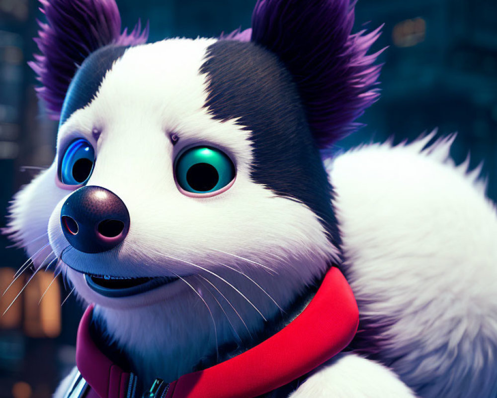 Close-up 3D-animated border collie with black and white fur and teal eyes against city