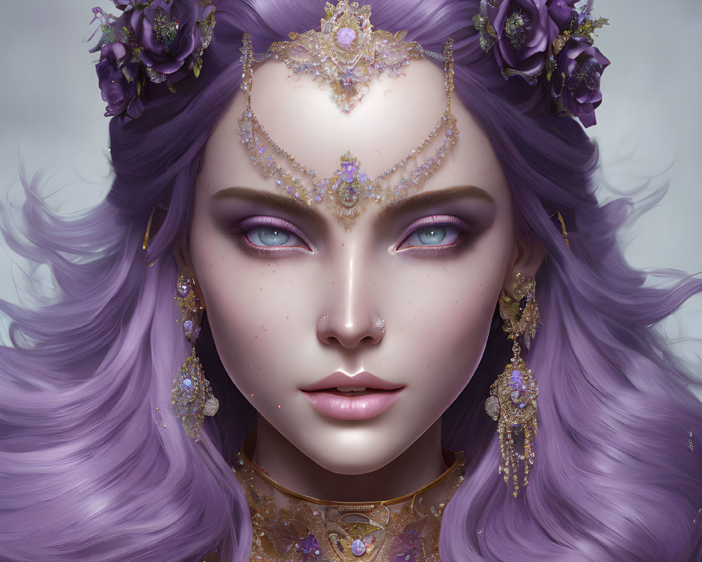 Fantasy character illustration with violet hair and gold jewelry