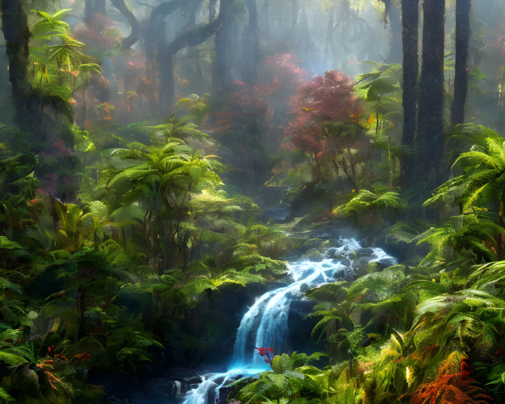 Misty forest with waterfall, green ferns, sunlight, and red foliage