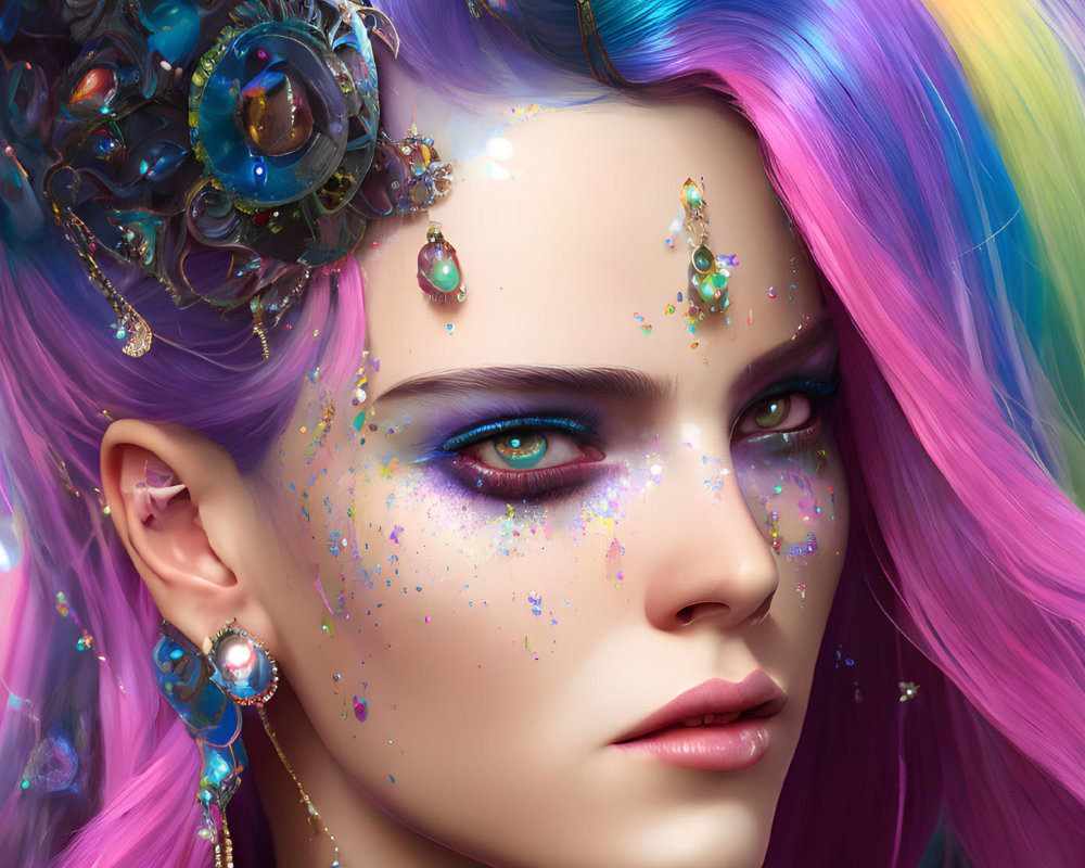 Multicolored hair woman with blue eyes and glitter makeup.