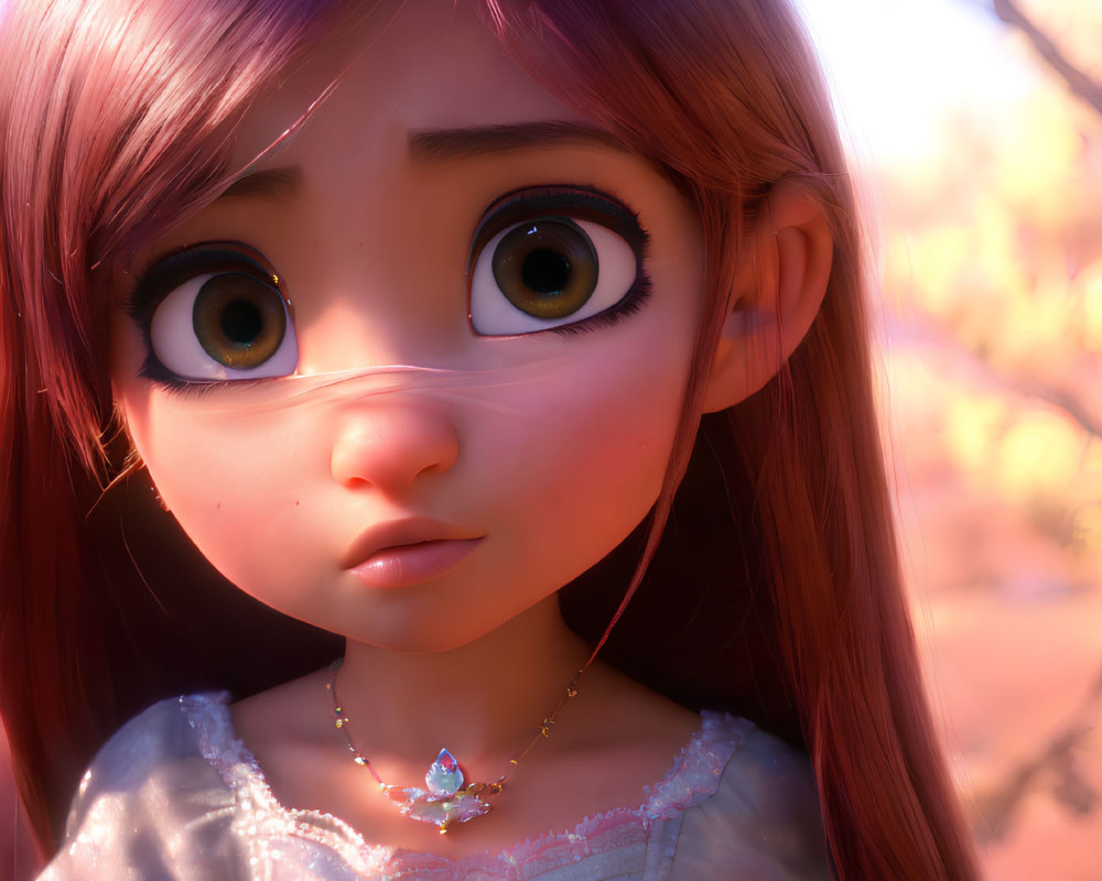 Detailed animated character with big green eyes and pinkish hair against autumnal backdrop