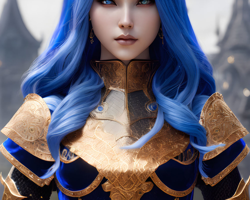 Fantasy Female Character with Blue Hair and Gold Armor in Mystical Setting