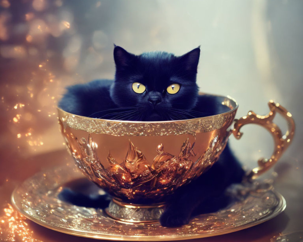 Striking black cat with yellow eyes in golden teacup and saucer