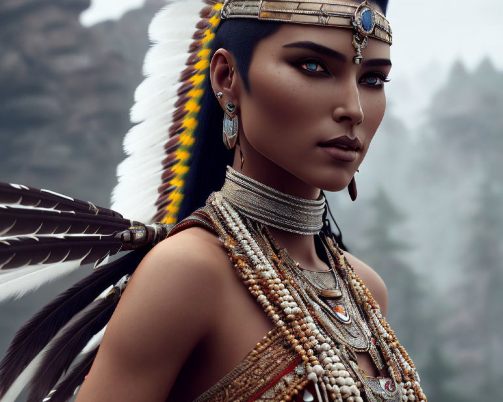 Detailed digital artwork of woman in native-inspired headdress and jewelry in misty forest