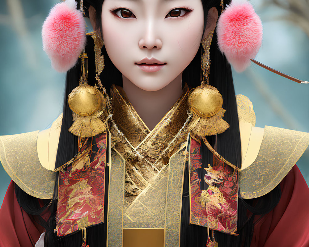 Digital illustration of a woman in traditional Asian outfit with red eyes and black hair