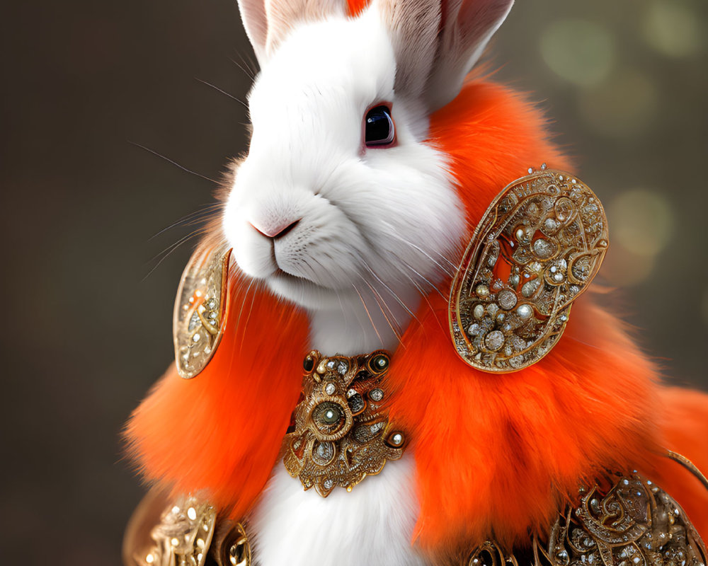 White rabbit in gold-trimmed armor with pearl shoulder plates on bokeh background