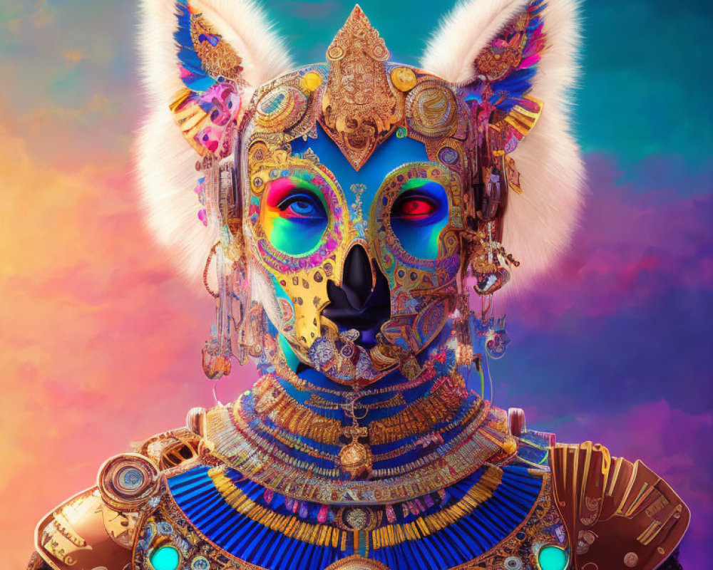 Colorful digital art: humanoid figure with wolf head, golden patterns, and jewels on vibrant backdrop.