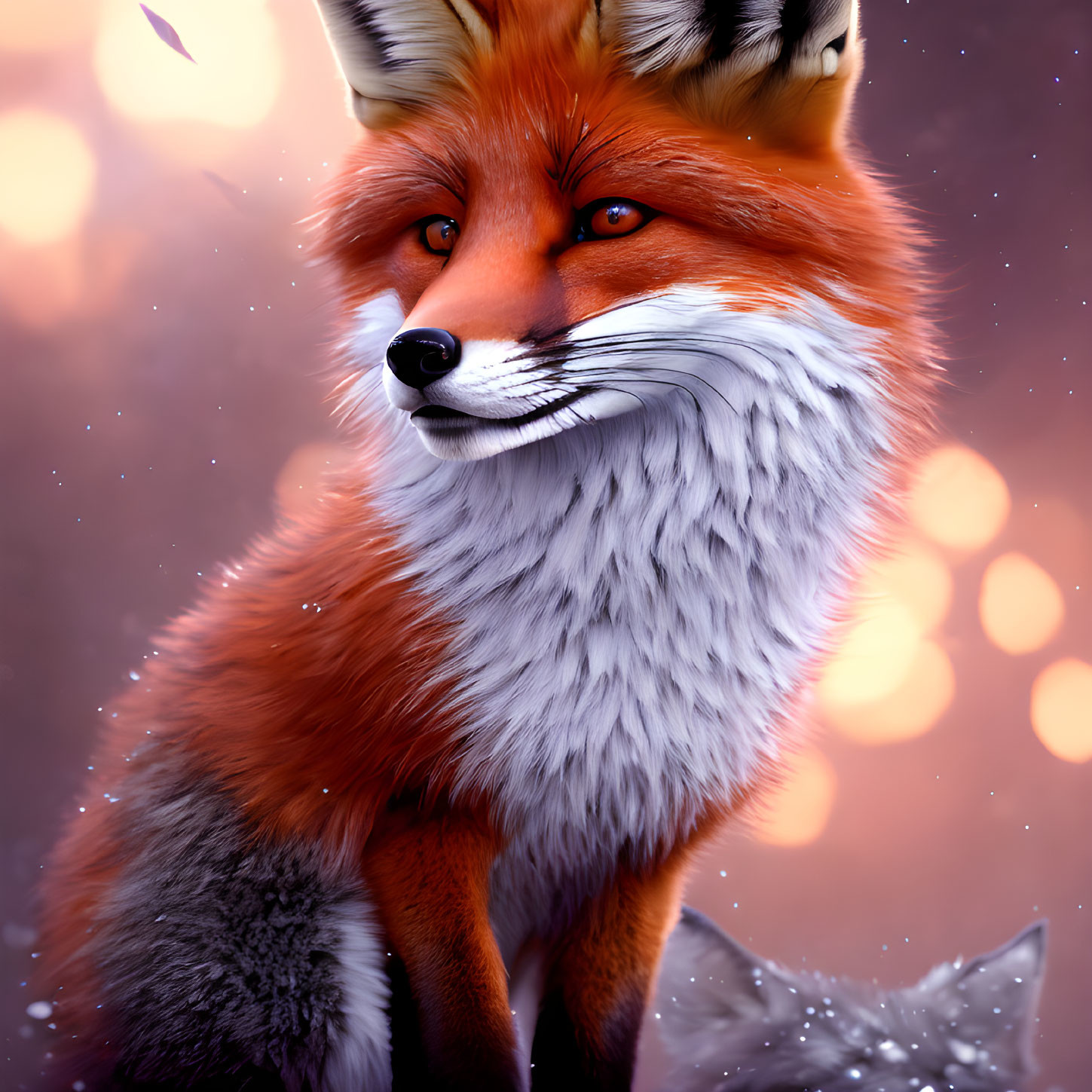 Realistic red fox illustration with vibrant fur and intense eyes on purple and orange bokeh.