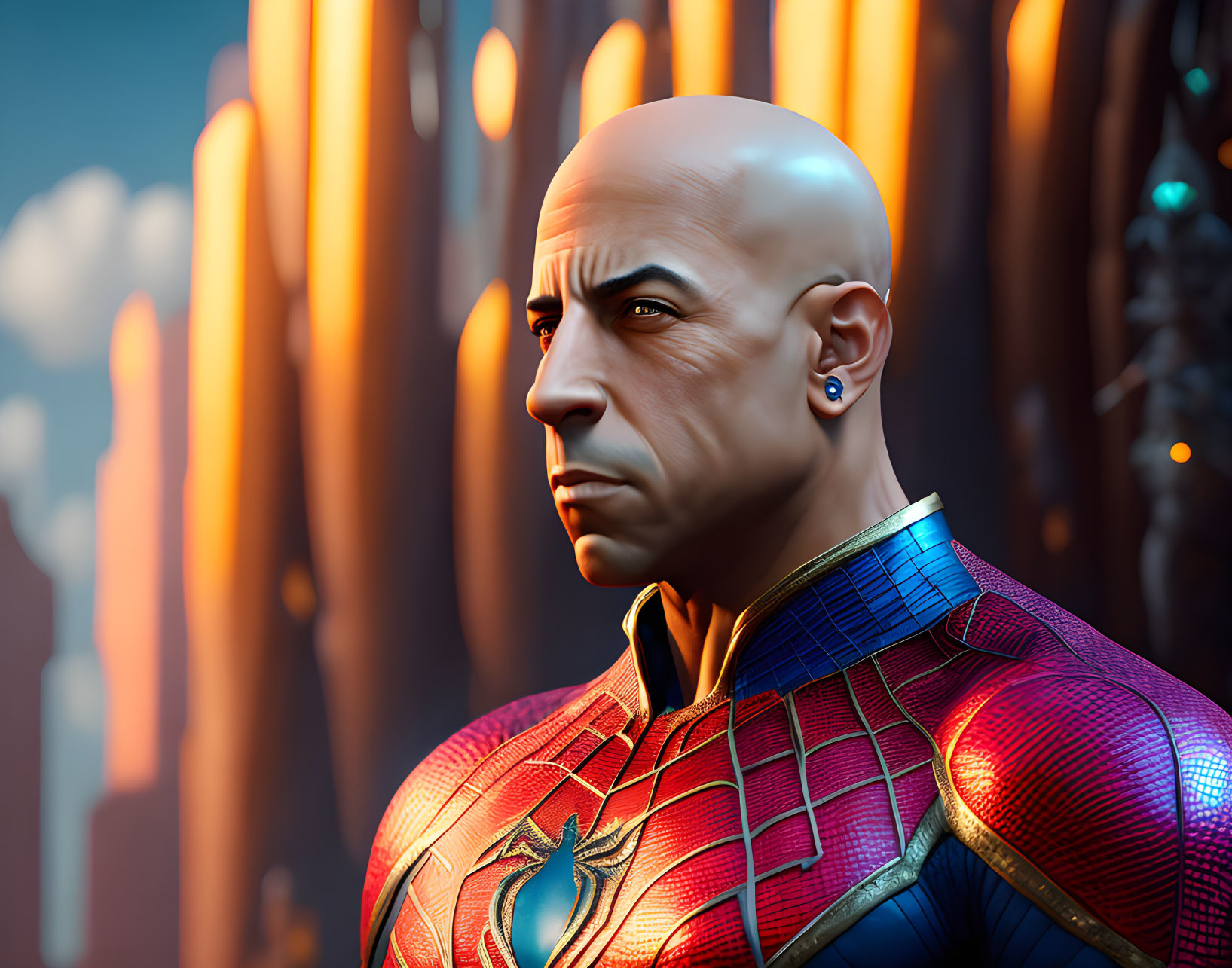 Bald man in Spider-Man suit with earring against neon lights