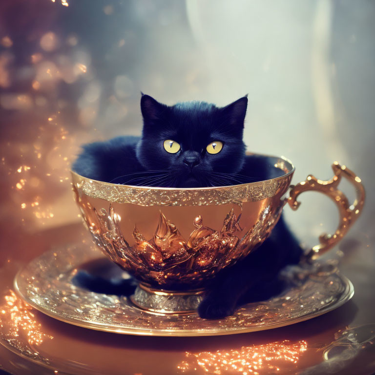 Striking black cat with yellow eyes in golden teacup and saucer