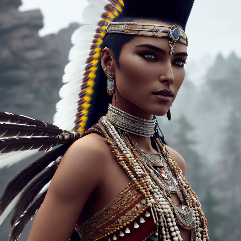 Detailed digital artwork of woman in native-inspired headdress and jewelry in misty forest