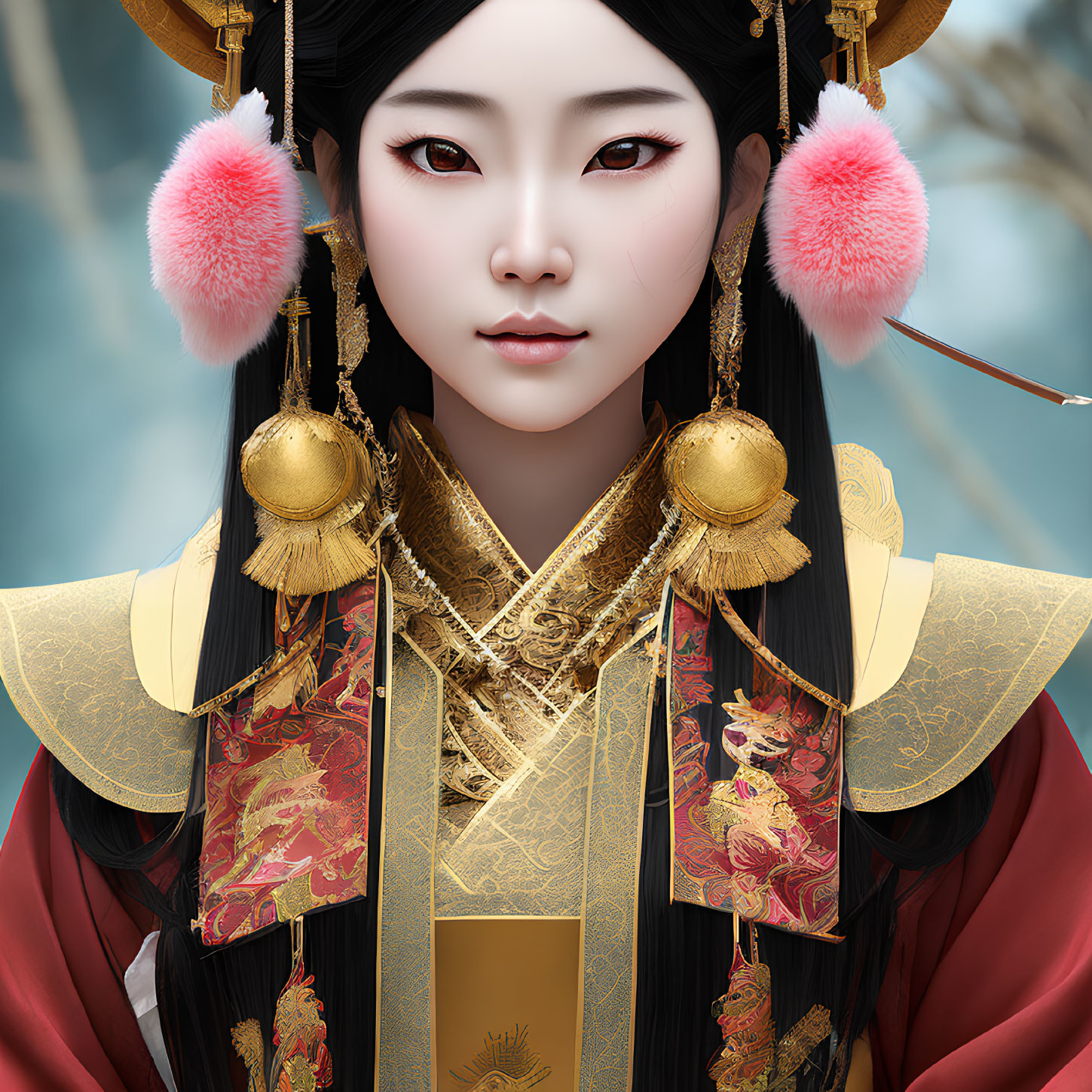 Digital illustration of a woman in traditional Asian outfit with red eyes and black hair