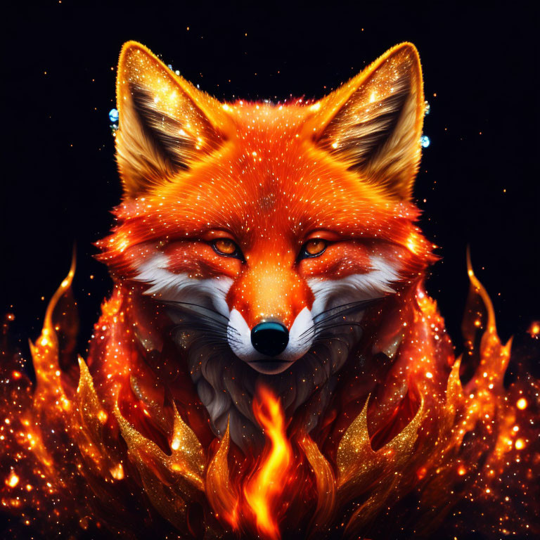 Realistic orange fur fox surrounded by stylized flames