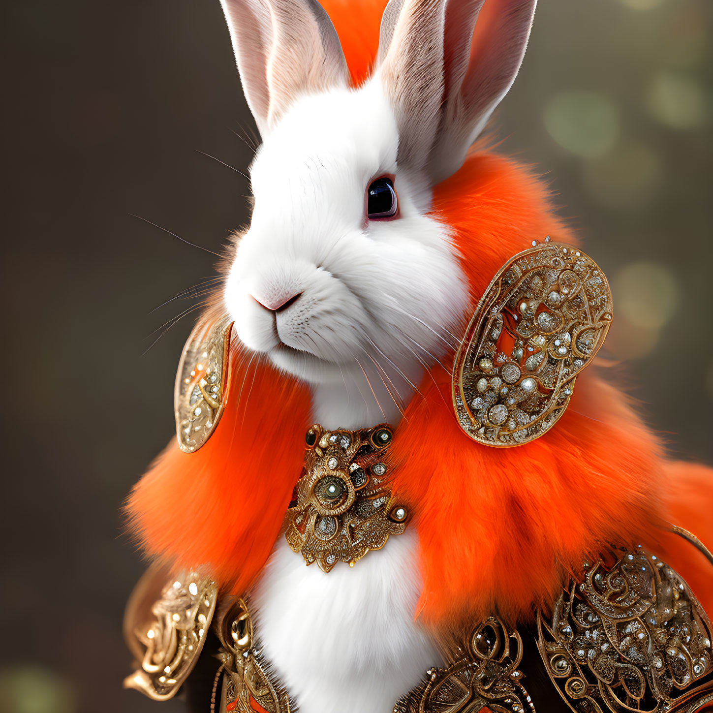 White rabbit in gold-trimmed armor with pearl shoulder plates on bokeh background